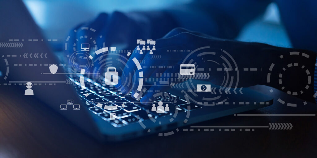 blue washed image of hands on a laptop keyboard with security icons overlaid