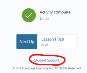 A screenshot of the Student Support link at the bottom of the course page.