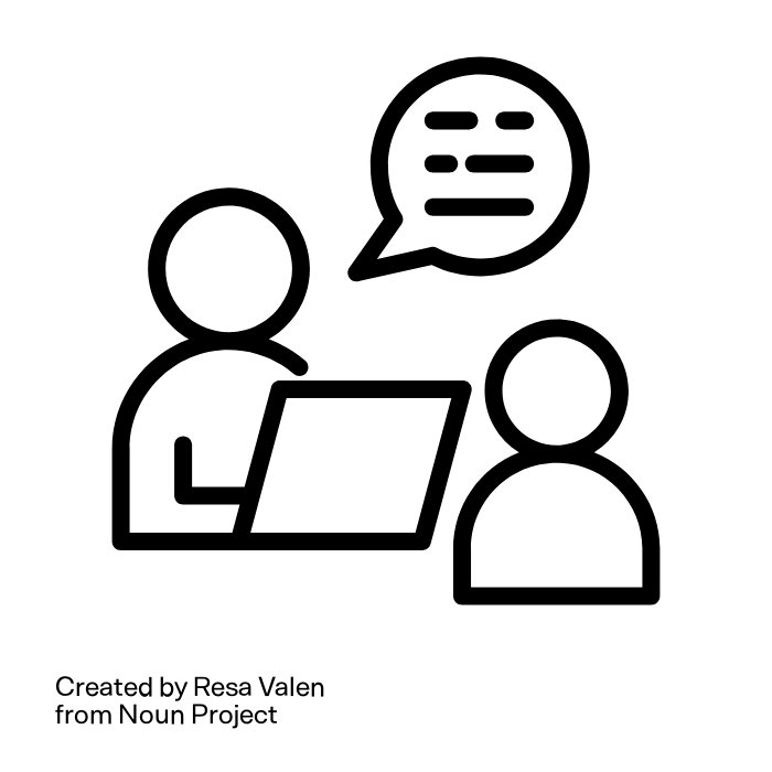 line art of two figures facing each other, one with a speech bubble.