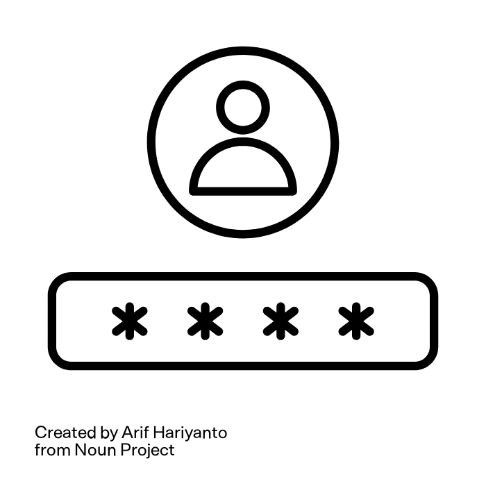 line drawing of a circle with a person icon inside over a rounded rectangle with asterisks inside indicating a password