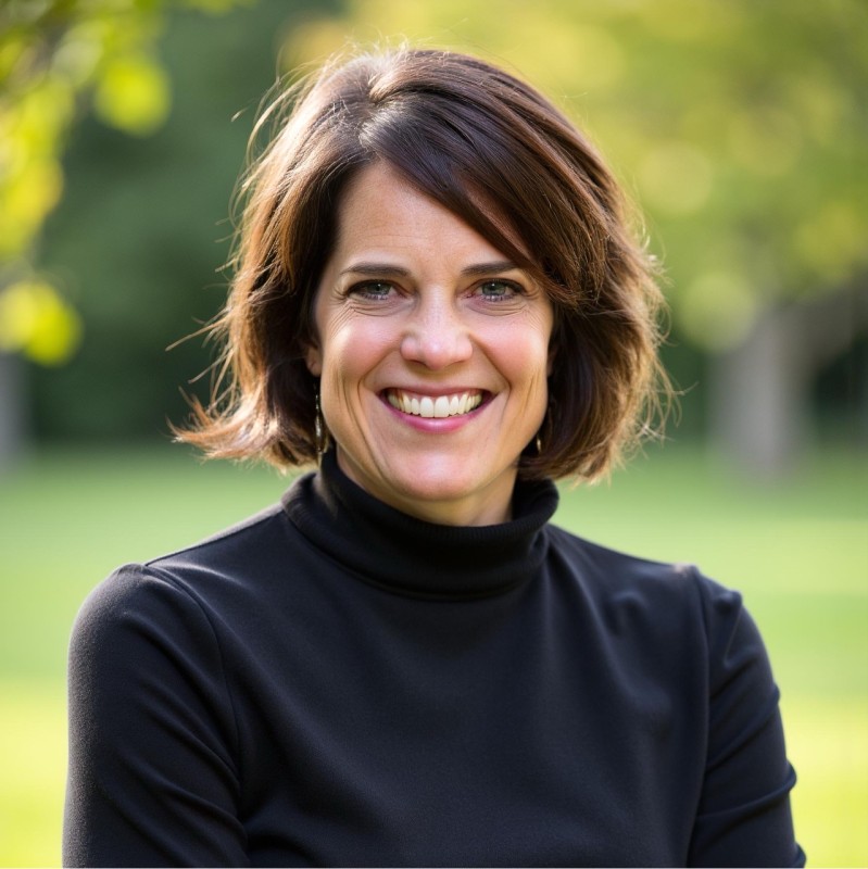 Smiling white woman with brown hair wearing a black turtleneck and a blurred leafy background