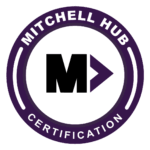 Digital badge saying Mitchell hub Certification around the outside. Center includes a small Hub logo